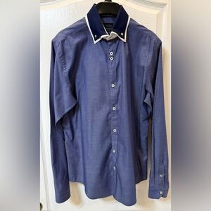 Basic Zara Men's Blue Button-Up Shirt Long sleeve slim fit Size : L 100% Cotton